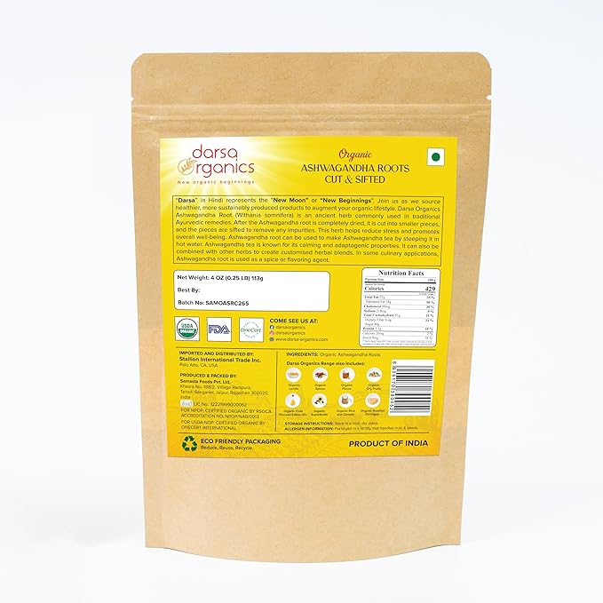 Ashwagandha Root Cut & Sifted 4 oz - USDA Organic Ashwagandha Herb for Tea and Smoothies, Non-GMO Organic India Ashwagandha, Withania Somnifera, Boosts Immunity & Digestion