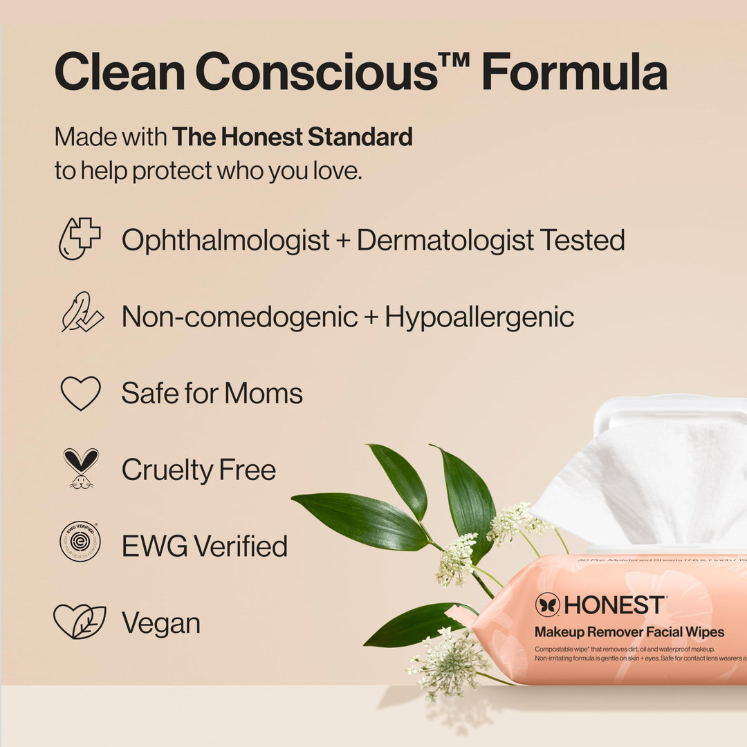 Honest Beauty Fragrance Free Cleansing Makeup Remover Facial Wipes | Plant Based, Hypoallergenic, Gentle for Sensitive Skin | 30 Count