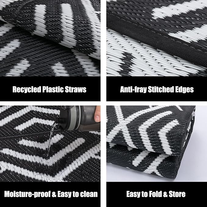 RV Outdoor Rug Waterproof Mat Outdoor Rugs 9'x12' for Patios Clearance Carpet Outdoor Camping Rugs Large Plastic Straw Rug(9x12ft Geometric Black&White)