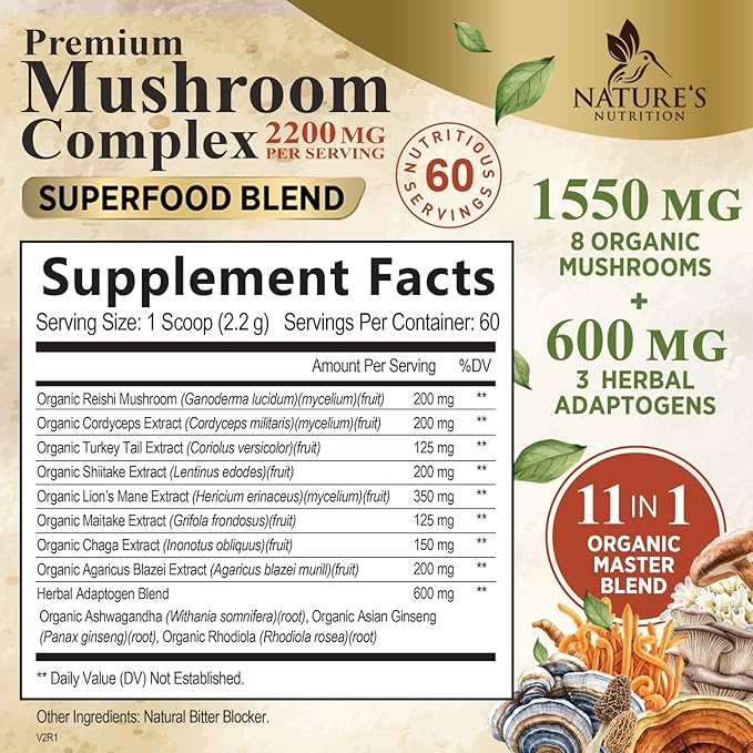 Mushroom Powder - 11 in 1 Complex Mushroom Supplement with Organic Lions Mane, Reishi, Cordyceps, Chaga, Turkey Tail, Maitake Extract for Memory, Brain, Energy, Focus, & Immune Support - 60 Servings