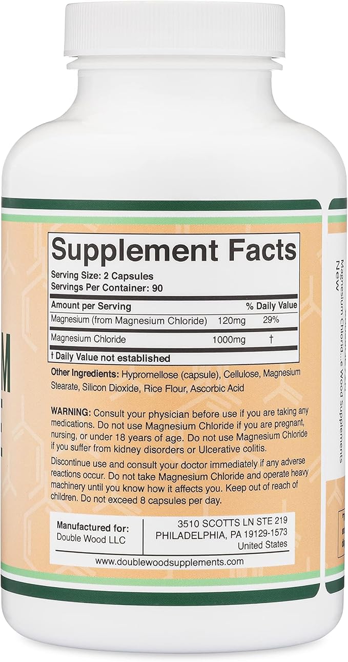 Magnesium Chloride (Cloruro De Magnesio) - 180 Capsules, 1,000mg Per Serving, Supports Digestive and Bone Health - Non-GMO and Gluten Free by Double Wood Supplements