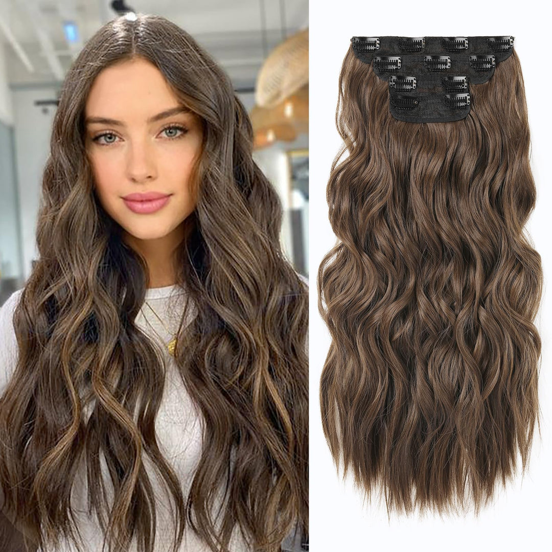 Reecho Hair Extensions, 4Pcs Clip In Hair Extensions He001 Natural Soft Synthetic Hairpieces For Women, Ginger Brown