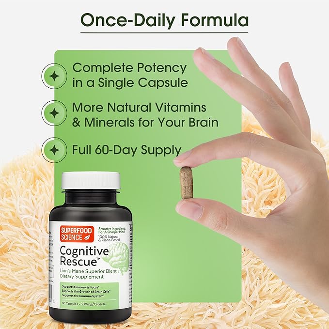 Cognitive Rescue, Lion's Mane Mushroom Capsules w/Lion's Mane Dual Extract, Nootropics, Brain Supplement for Memory and Focus, Mushroom Immune Support w/B Vitamins Complex, BioPerine, 60 Capsules