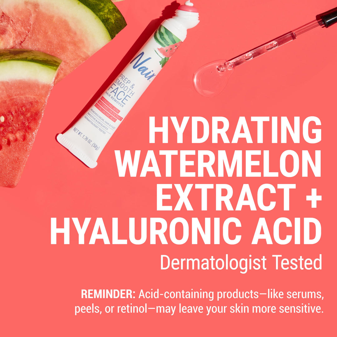 NAIR Prep & Smooth Face Exfoliating Depilatory Cream for Women - Effective Hair Removal for Smooth Skin with Hyaluronic Acid, 1.76 oz