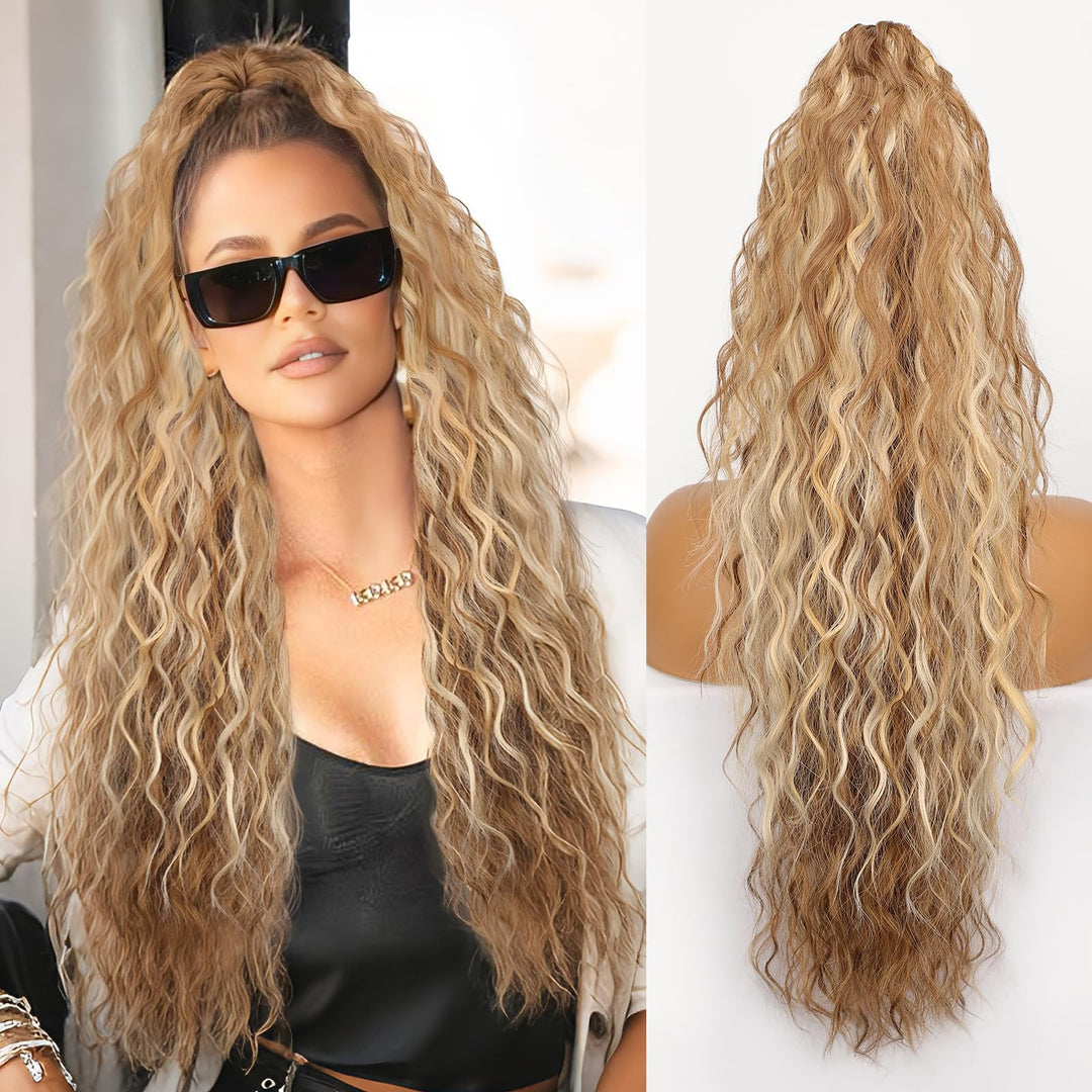 ORSUNCER Ponytail Extension Claw 30" Curly Pony Tail Clip in Claw Hair Extensions Fluffy Natural Looking Synthetic Hairpiece for Women Light Brown Mix Light Blonde