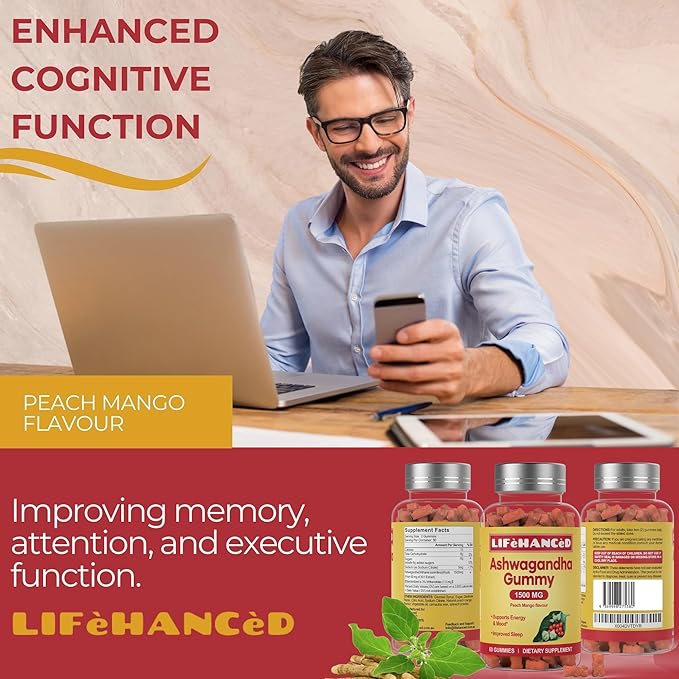 Ashwagandha Gummies, LAB Tested, 60 Count,1500mg,3% Withanolides,Peach Mango Flavour, Ideal Supplement for Your Entire Family.
