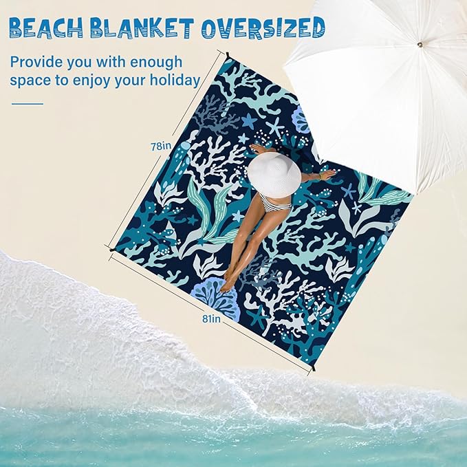 Beach Blanket Waterproof Sandproof 1-7 Adult Oversized 78 '' × 81 '' Lightweight Durable Compact Sand Free Beach Mat for Travel Camping Hiking Picnic Blanket Extra Large