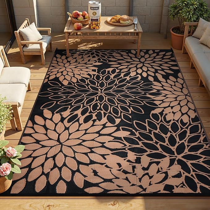 Anidaroel Outdoor Rugs 6x9ft for Patios Clearance Waterproof, Reversible Tropical Plastic Straw Camping Mat Outside Rug, Large Outdoor Area Rug for RV,Deck, Balcony, Picnic(Black/Brown,6'x9')