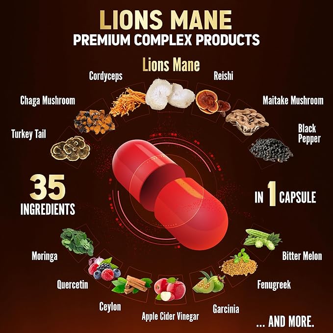 Zolotus 35 in 1 Lions Mane Mushroom Capsules Cordeyceps, Reishi, Elderberry, Ashwagandha, Panax Ginseng - 120 Count