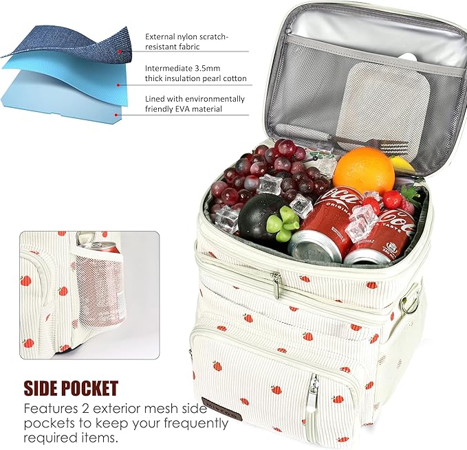 MIYCOO Lunch Bag & Lunch Box for Women Men Double Deck - Leakproof Insulated Soft Large Adult Lunch Cooler Bag for Work (Corduroy Apple, 15L)