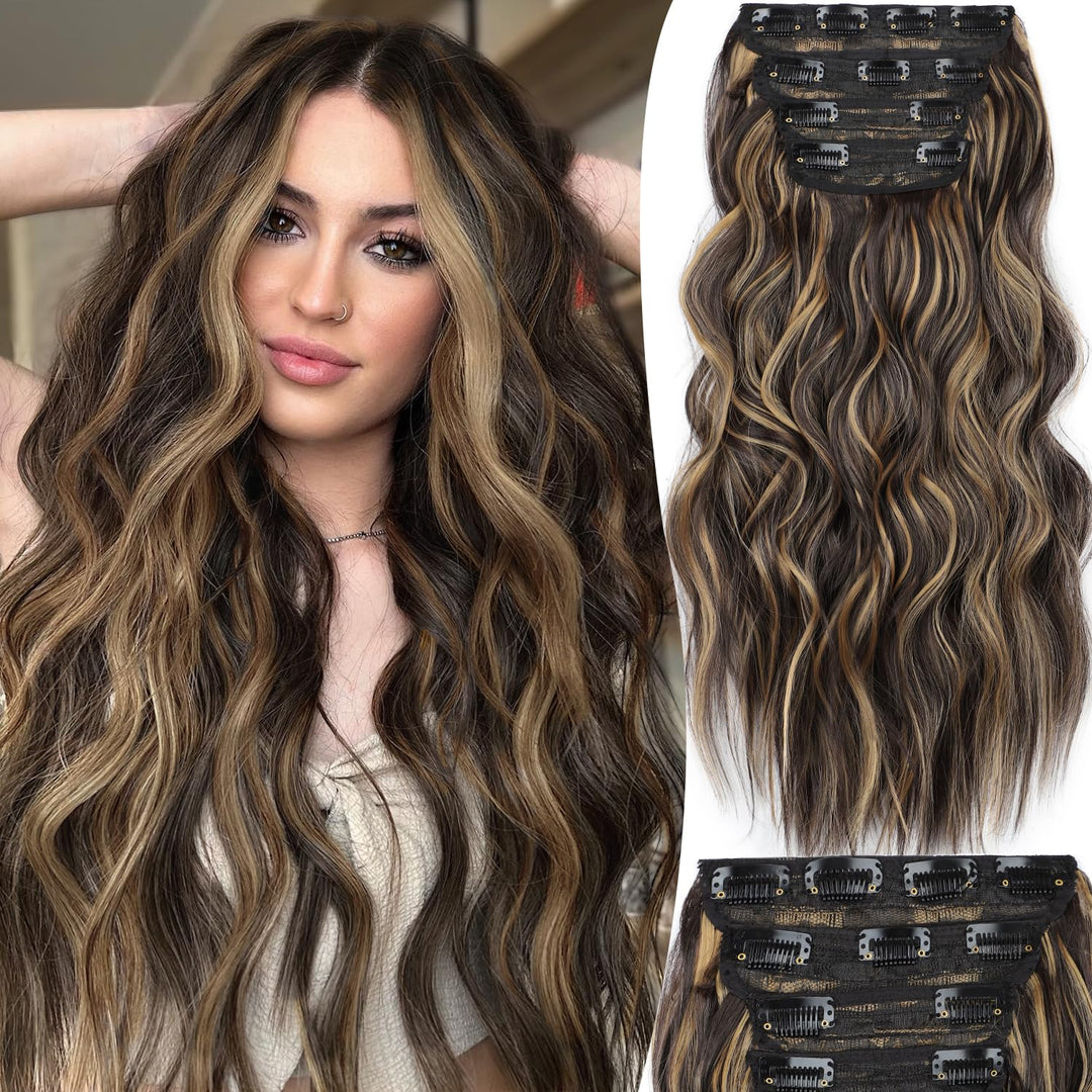 FREEMEIGE Clip in Long Wavy Synthetic Hair Extension 20 Inch Balayage Dark Brown to Chestnut 4PCS Thick Hairpieces Fiber Double Weft Hair for Women