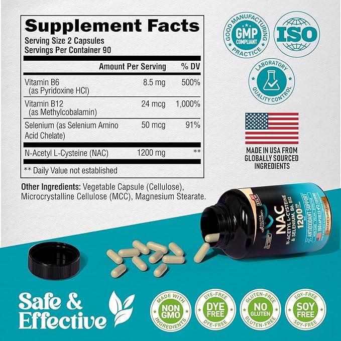 NAC Supplement | Selenium | B6 | B12 - Antioxidant, Immune Support - N Acetyl Cysteine 600 mg per Capsule, 1200 mg per Serving - Made in USA - Non-GMO, Gluten-Free, Vegan - 180 Caps, 3 Month Supply