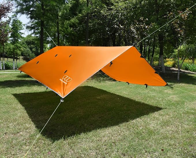 Gold Armour Rainfly Tarp Hammock, Premium 14.7ft/12ft/10ft/8ft Rain Fly Cover, Waterproof Ultralight Camping Shelter Canopy, Survival Equipment Gear Camping Tent Accessories (Orange 10ft x 8ft)