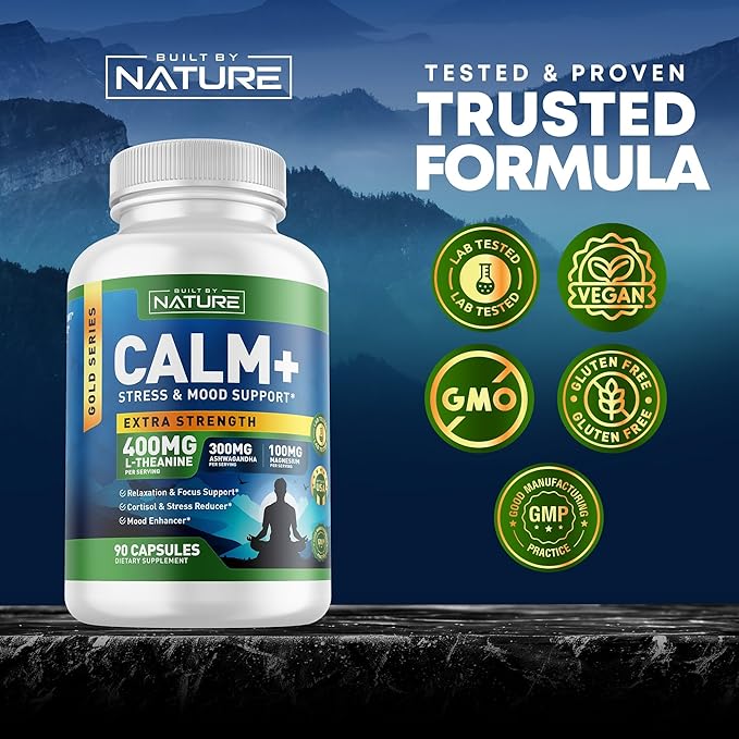 Built by Nature Calm+ Relaxation & Focus – Stress, Cortisol & Mood Support – Calm Supplement with L-Theanine, Ashwagandha, Magnesium Glycinate, Vitamin D3 – 90 Capsules
