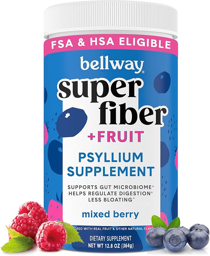 Bellway Super Fiber Powder + Fruit, Sugar Free Organic Psyllium Husk Powder Fiber Supplement for Regularity, Bloating Relief & Gut Health, Non-GMO, Plant-Based, Mixed Berry (50 Servings)