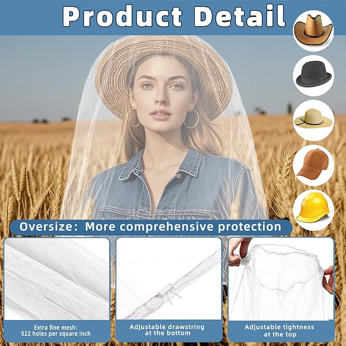 2 Pack Ultra Large Mosquito Net 42x25 Inches Mosquito Head Net Oversized Insect Netting Bug Fits Most Hats for Gardening Hiking Fishing Traveling(White)