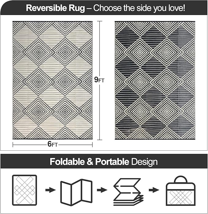 Waterproof Outdoor Rug 6x9ft, Foldable Reversible Plastic Straw Mat for Patio RV Deck Porch Backyard Balcony Camping Picnic Beach Indoor Outdoor Carpet, Black&Beige