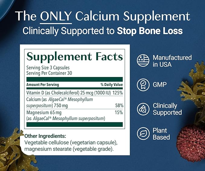 ALGAECAL - Plant Based Calcium Supplement with Vitamin D3 (1000 IU) for Bone Strength, Contains 13 Minerals Supporting Bone Health, Organic Calcium (750 mg) for Women & Men, 90 Caps, 3 Month Supply