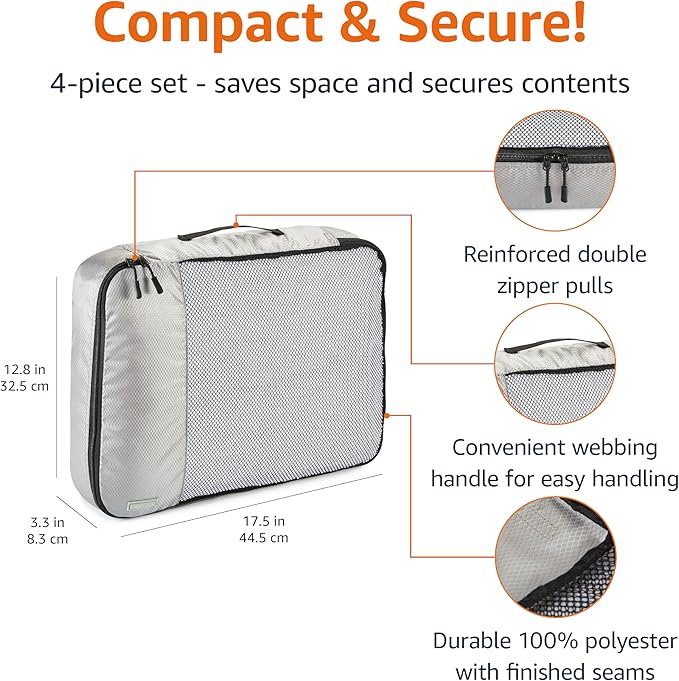Amazon Basics 4 Piece Packing Cubes Travel Organizer Set with Double Zipper, Mesh Top, Large, Gray