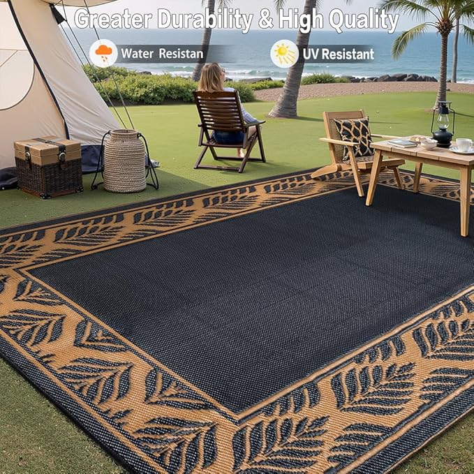 Outdoor Plastic Rug 6'x9' Waterproof Camping Carpet Outside Area Rug Reversible Brown Rugs for RV Deck Entryance Porch Picnic Balcony Beach