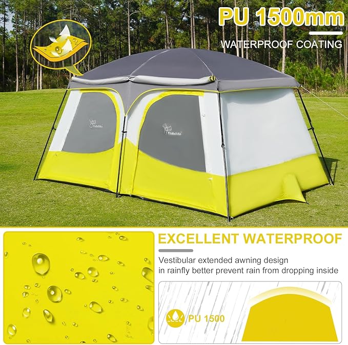 Vidalido Tents，6-8 Person Camping Tent with Extended Vestibule，2 Room Weather Resistant Family Tents，Easy Install Waterproof Outdoor Tent for Backpacking and Camping Hiking