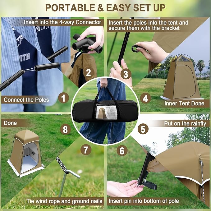 Camping Shower Tent, Oversize Pop Up Changing Tent, Portable Outdoor Bathroom Toilet Tent with Floor, Easy Set Up Privacy Shelter for Dressing, Hiking, Fishing, UPF50+