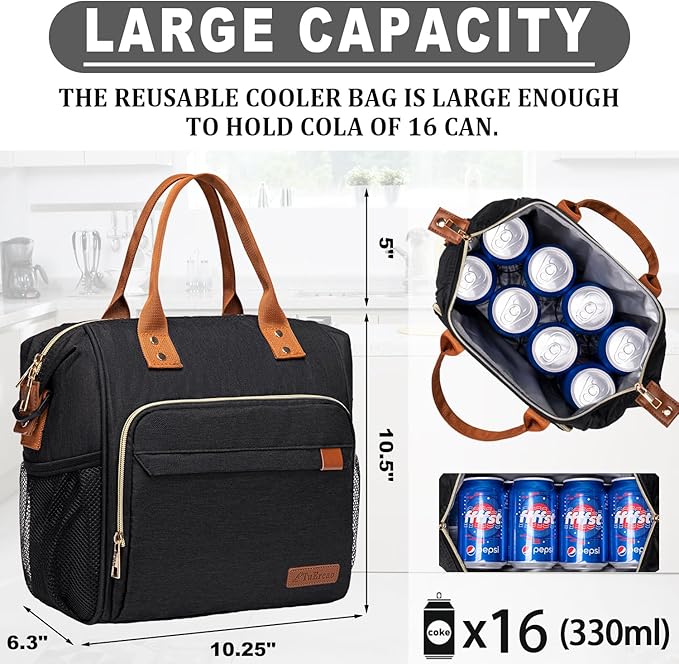 Black Lunch Box for Women Insulated Lunch Bag for Work - Adult Stylish Lunch Tote Bag for Shopping Soft Cooler for Beach Picnic Travel