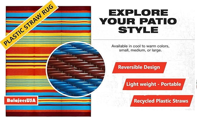 BalajeesUSA Outdoor Rug - 9x12 Multi Color, Reversible Plastic Straw, Waterproof, Patio Rugs Clearance, Porch decore, Picnic Backyard Rugs, Large RV Camper mats 7421
