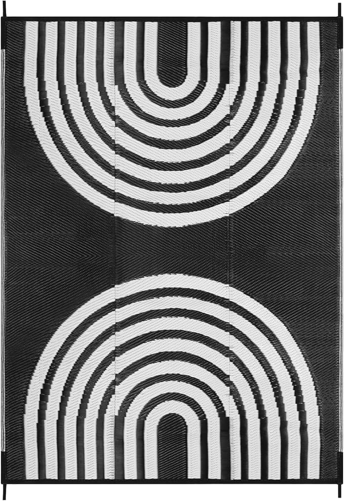 Anidaroel Outdoor Area Rugs 9x12ft Waterproof Clearance, Reversible Camping Rugs for Outside RV, Outdoor Plastic Straw Patio Rugs for Camping, Trailer, Backyard, Pool Deck, Picnic(Black&White, 9‘x12')