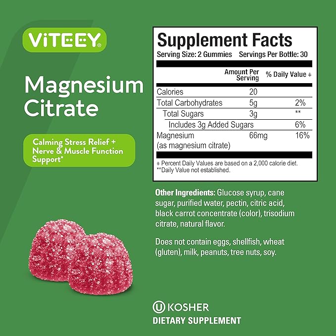 Magnesium Citrate Gummies for Adults & Teens - 66mg, Supports Calm Mood, Optimal Relaxation, Muscle Function - Vegetarian, Gelatin Free, GMO Free - Tasty Chewable Raspberry Flavored Gummy