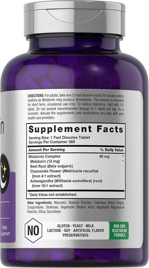Horbäach Melatonin 40mg Complex | 360 Fast Dissolve Tablets | Adult Extra Strength Supplement | with Chamomile and Ashwagandha | Vegetarian, Non-GMO, Gluten Free