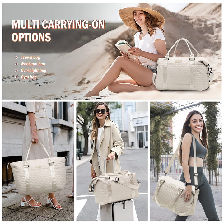 FIORETTO Women's Water-Resistant Travel Gym Duffle Bag with Detachable Strap, Multi-Functional, Ideal for Travel, Gym, Sports, Weekender, DUffel, with Toiletry Bag, Beige