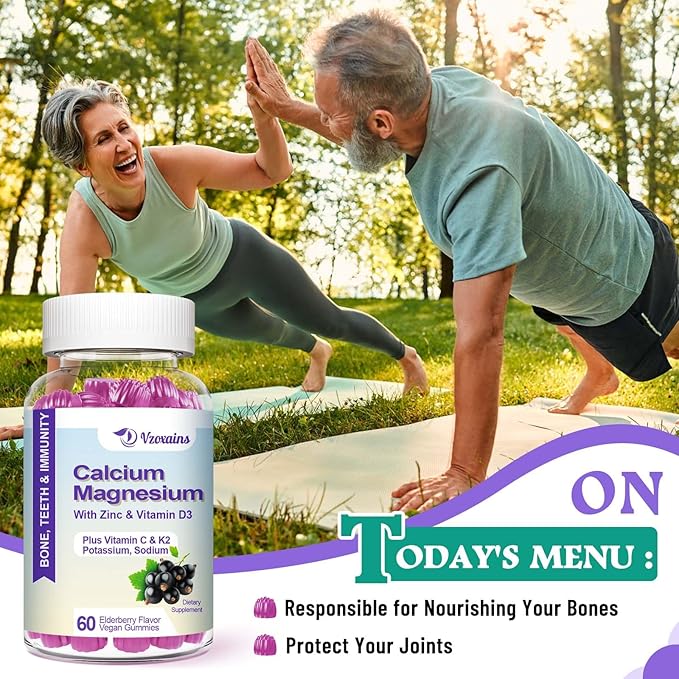 High Absorption Calcium Gummies, Sugar Free Calcium Magnesium Supplement with Potassium Vitamin D3 for B0ne & Teeth Strength, Muscle Function - Vegan, Elderberry Flavor 60 Cts