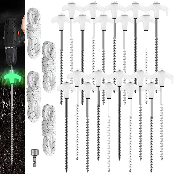 20 Pcs 8'' Screw in Tent Stakes Heavy Duty Camping Stakes Ground Anchors Metal Canopy Stakes Tent Spikes Stake Pegs with 4 x 10 ft Ropes for Sand Hiking Travel with Hex Head Driver(White)