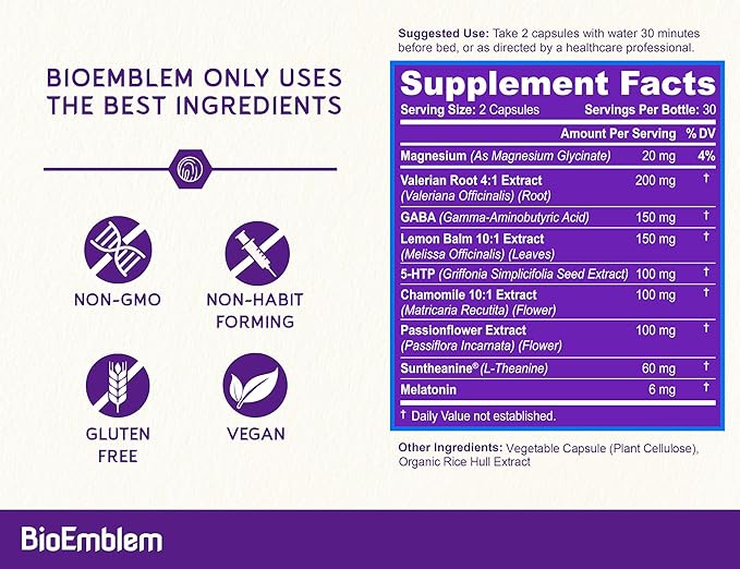 BioEmblem Natural Sleep Aid for Adults with Melatonin, Valerian Root, Suntheanine & More | Healthy Sleep Supplement | Herbal Sleeping Pills | 60 Capsules, 5 Pack