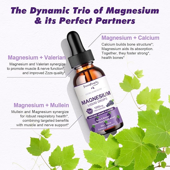 Magnesium Glycinate Liquid Drops - 1000mg 5-in-1 High Absorption Liquid Magnesium Complex with D3/K2/B6 | Fast-Acting, Bone, Muscle & Sleep | Sugar-Free Grape Flavor, 2fl Oz