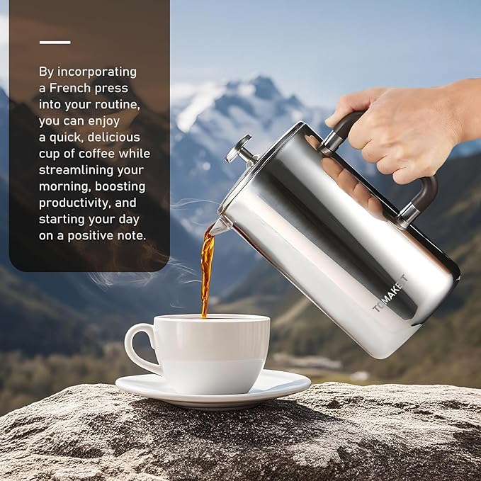 1L/34 Oz French Press Coffee Maker,304 Stainless Steel Coffee Press,Durable & Easy Clean,Leak-Proof Design,Prensa Francesa Para Cafe for Home,Office,Camping