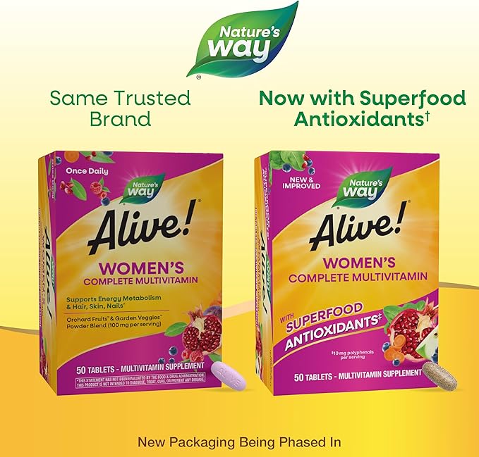 Nature's Way Alive! Women’s Complete Multivitamin, Supports Energy Metabolism and Hair, Skin & Nails*, Superfood Antioxidants(1), B-Vitamins, 50 Tablets (Packaging May Vary)