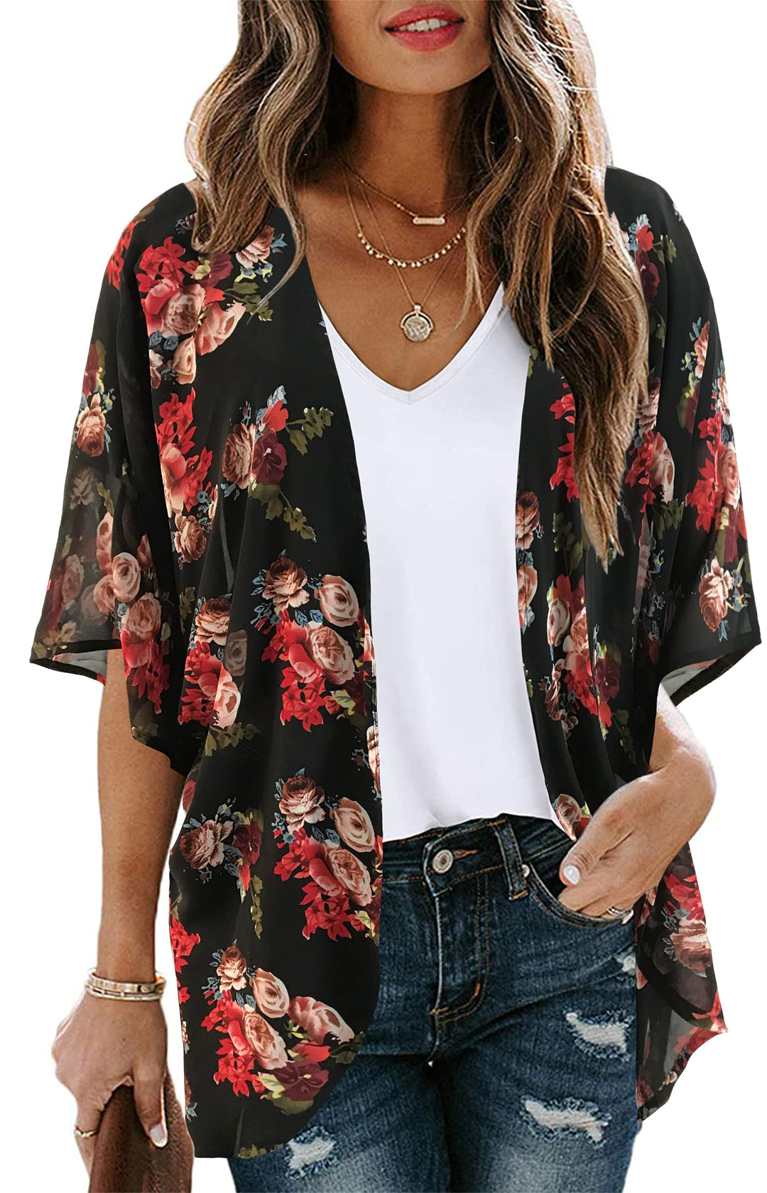 Women's Floral Print Puff Sleeve Kimono Cardigan Loose Cover Up Casual Blouse Tops(BLACK S)