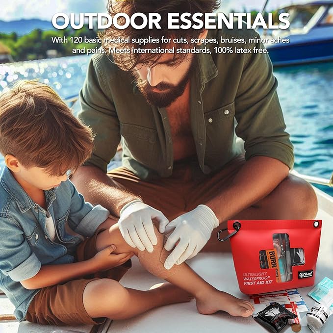 120 PCS Waterproof First Aid Kit, Portable Small Boat Dry Bag Bug Out Bag, Emergency Medical Kit Ideal for Boating, Camping, Fishing, Kayaking, Floating, Red