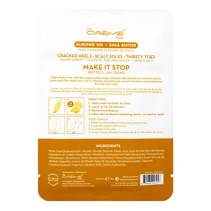 The Crème Shop Foot Repair Mask, Moisturizing Foot Mask with Almond Oil and Shea Butter, Korean Foot Mask for Dry, Cracked Feet, Foot Hydrating Mask and Cracked Heel Treatment