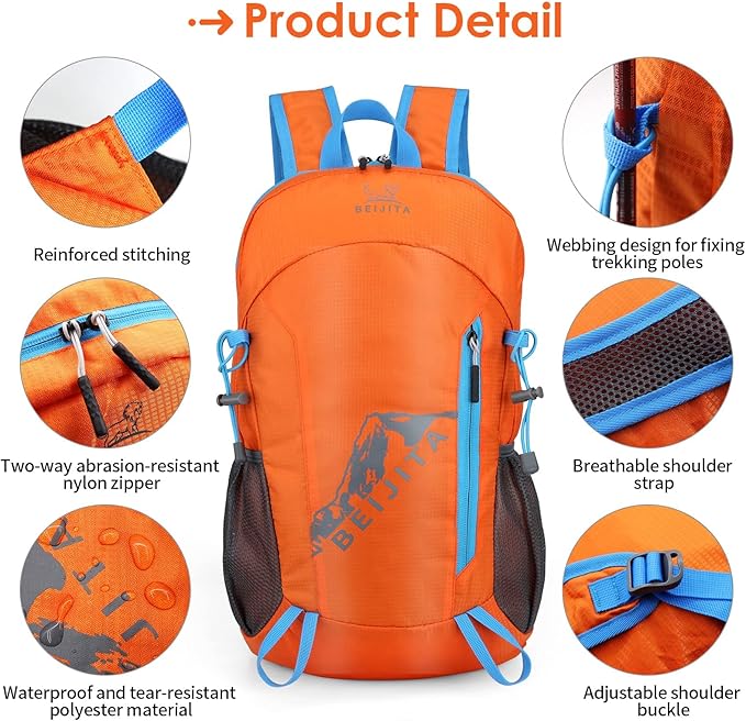 20L Lightweight Hiking Backpack, Foldable Waterproof Back Pack, Packable Small Travel Backpack for Men, Ultra Lightweight Backpack for Women Men(Orange)