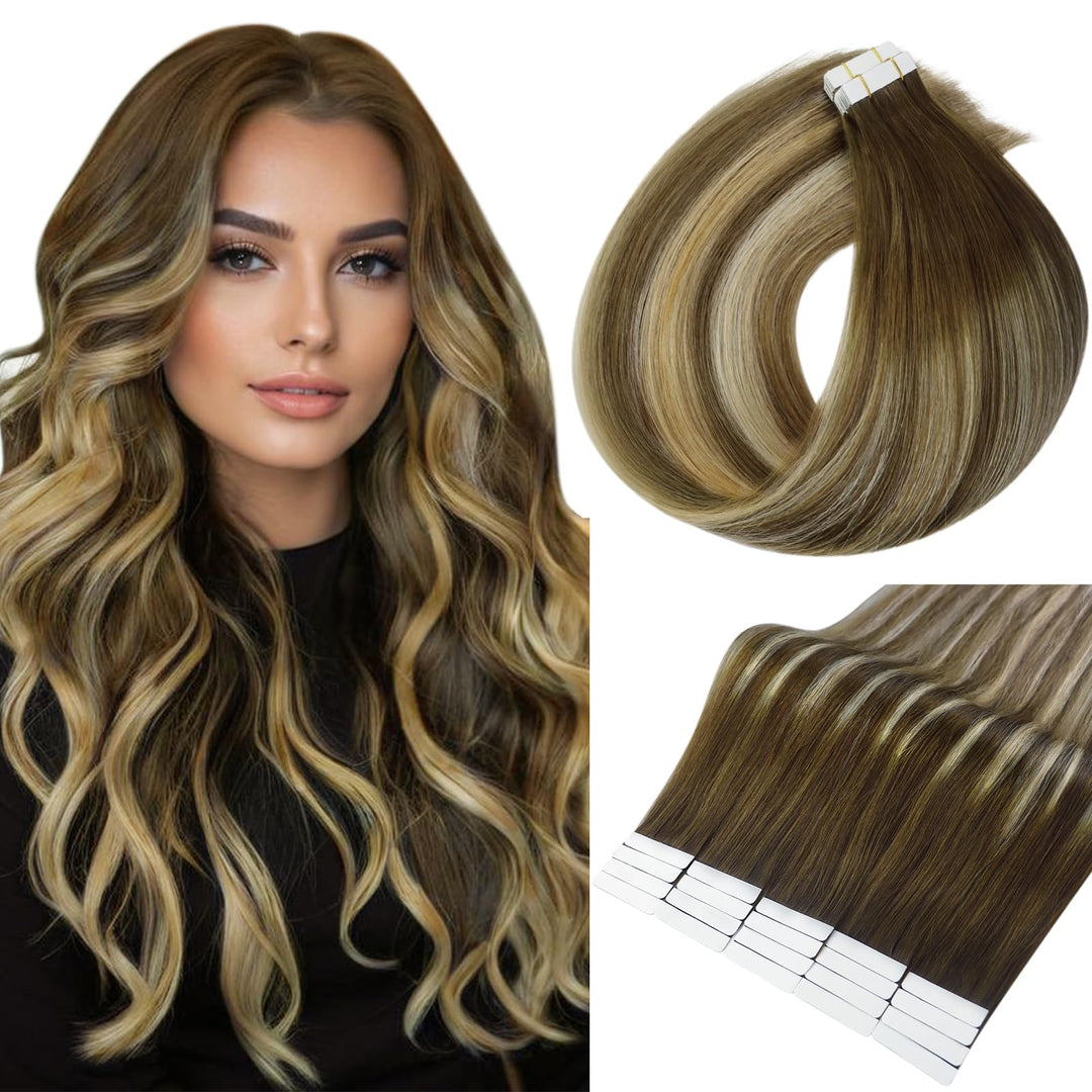 Full Shine Tape in Hair Extensions Human Hair Balayage Tape Extensions Color 4/27/60/8 Ombre Brown and Blonde Seamless Skin Weft Tape in Extensions 12 Inch Real Hair Extensions Tape in 20 Pcs 30G