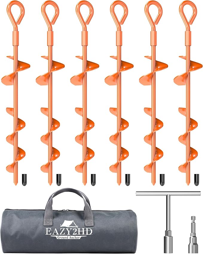 15 Inch Ground Anchors Screw in, 6 Pack Heavy Duty Tent Stakes with T Handle Hex Wrench and Power Nut Driver, Upgraded Metal Trampoline Stake Spiral Anchor Kit for Camping Tent, Swing Set, Canopy
