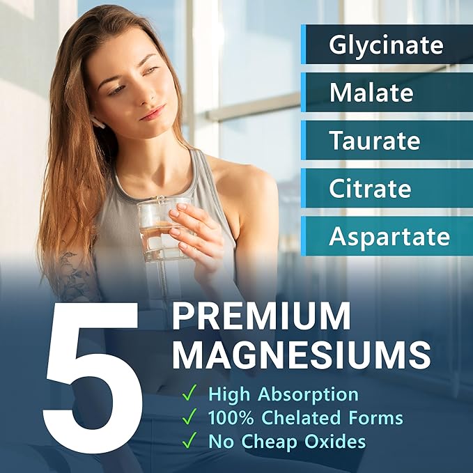5-in-1 Magnesium Complex - High Absorption - Chelated Magnesium Glycinate, Malate, Citrate, Taurate, & Aspartate for Nerves, Muscles, Bones | 60 Capsules | Magnesium Supplement
