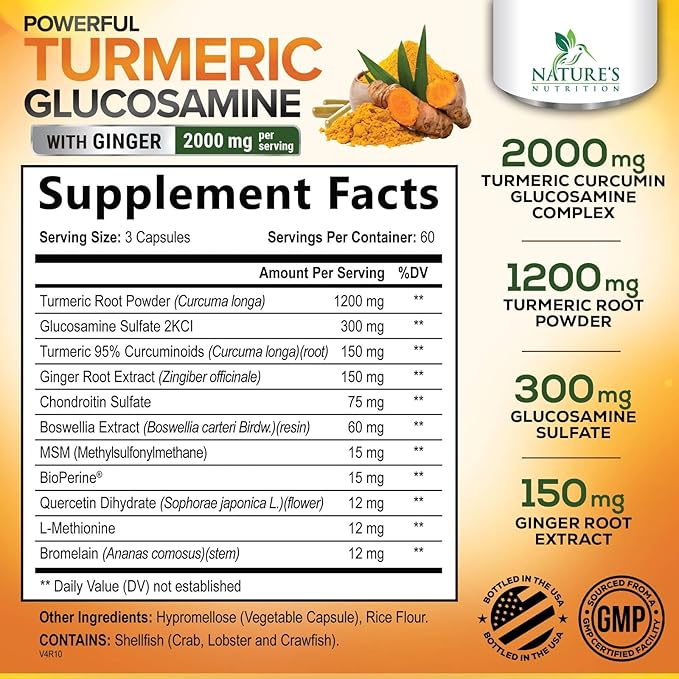 Turmeric Curcumin Supplement 2000mg with Glucosamine Chondroitin & Ginger, 95% Curcuminoids, BioPerine Black Pepper for Best Absorption, Nature's Joint Support, Non-GMO, Bottled in USA - 180 Capsules
