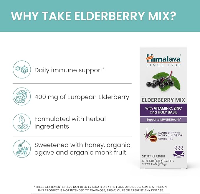 Himalaya Elderberry Mix, Drink Mix Supplement, Immune Support with Elderberry, Zinc, Vitamin C and Holy Basil, Caffeine Free, 10-0.15 oz (4.3 g) Packets, Easy to Mix, Gluten Free