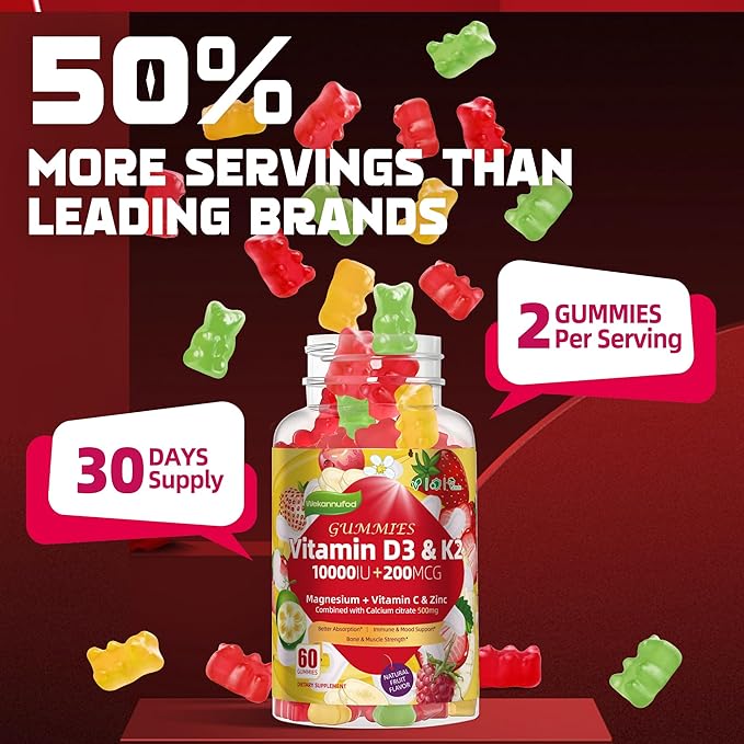 Sugar-Free Vitamin D3 K2 Gummies with Calcium + K2 (MK-7), Magnesium Citrate, Vitamin C, Extra Strength - Ultimate Absorption for Bone Muscle Teeth Immune, Vegan - 60 Gummies