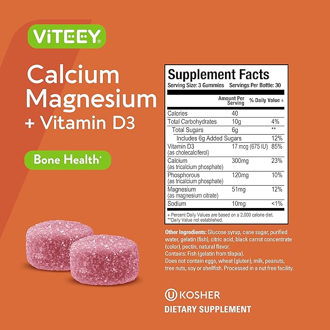 Calcium Gummies with Vitamin D3 & Magnesium - Supports Bone Health, Immune Support, Energy and Muscle Function - Dietary Vitamin Supplements, for Men Woman and Teens, Chewable Fruit Flavored Gummy