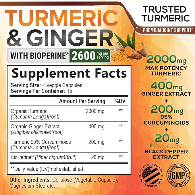 Turmeric Supplement Curcumin 2600mg - with Organic Ginger & Turmeric, BioPerine Black Pepper Extract 95% Curcuminoids - Advanced Absorption Antioxidant & Joint Support - Vegan - 60 Capsules